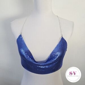 Royal Blue sequin crop halter top with silver chain straps